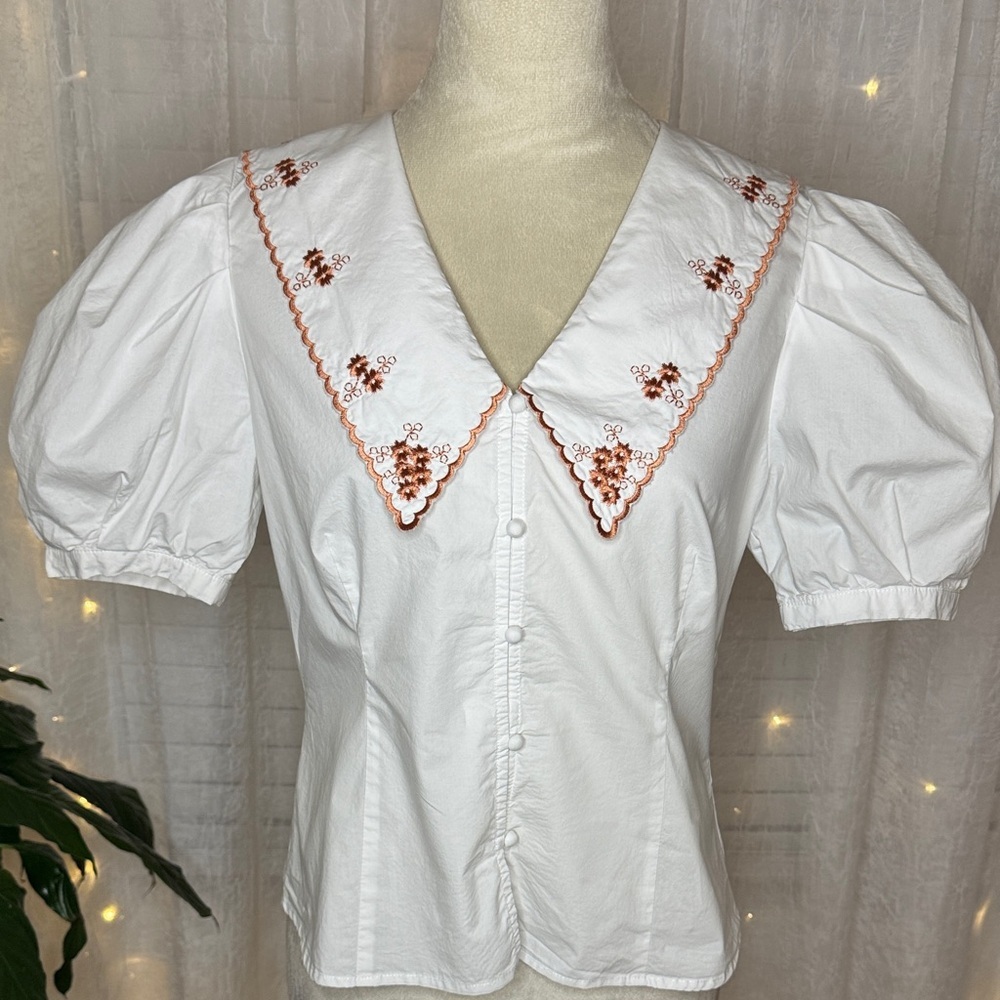 Greylin White Blouse with Rust Embroidery